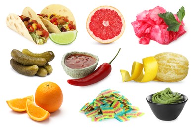 Image of Foods with sour or tangy taste isolated on white, set