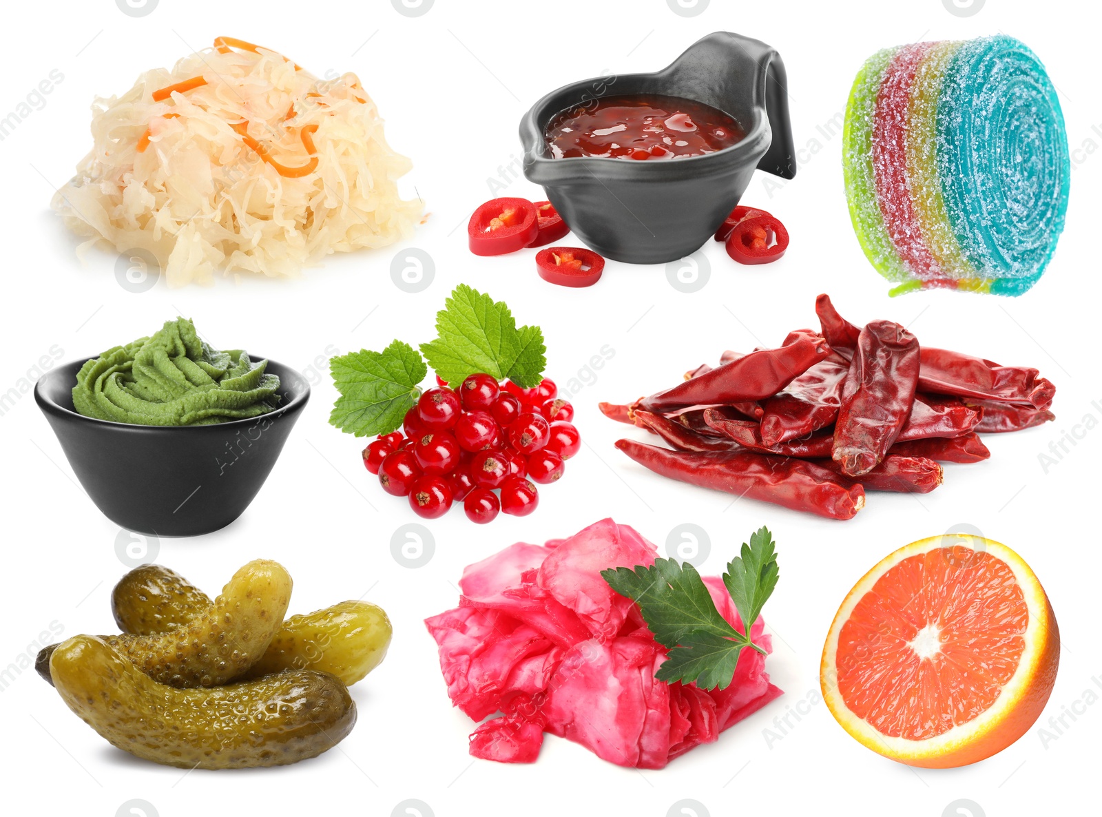 Image of Foods with sour or tangy taste isolated on white, set