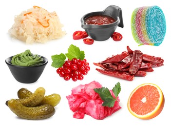 Image of Foods with sour or tangy taste isolated on white, set