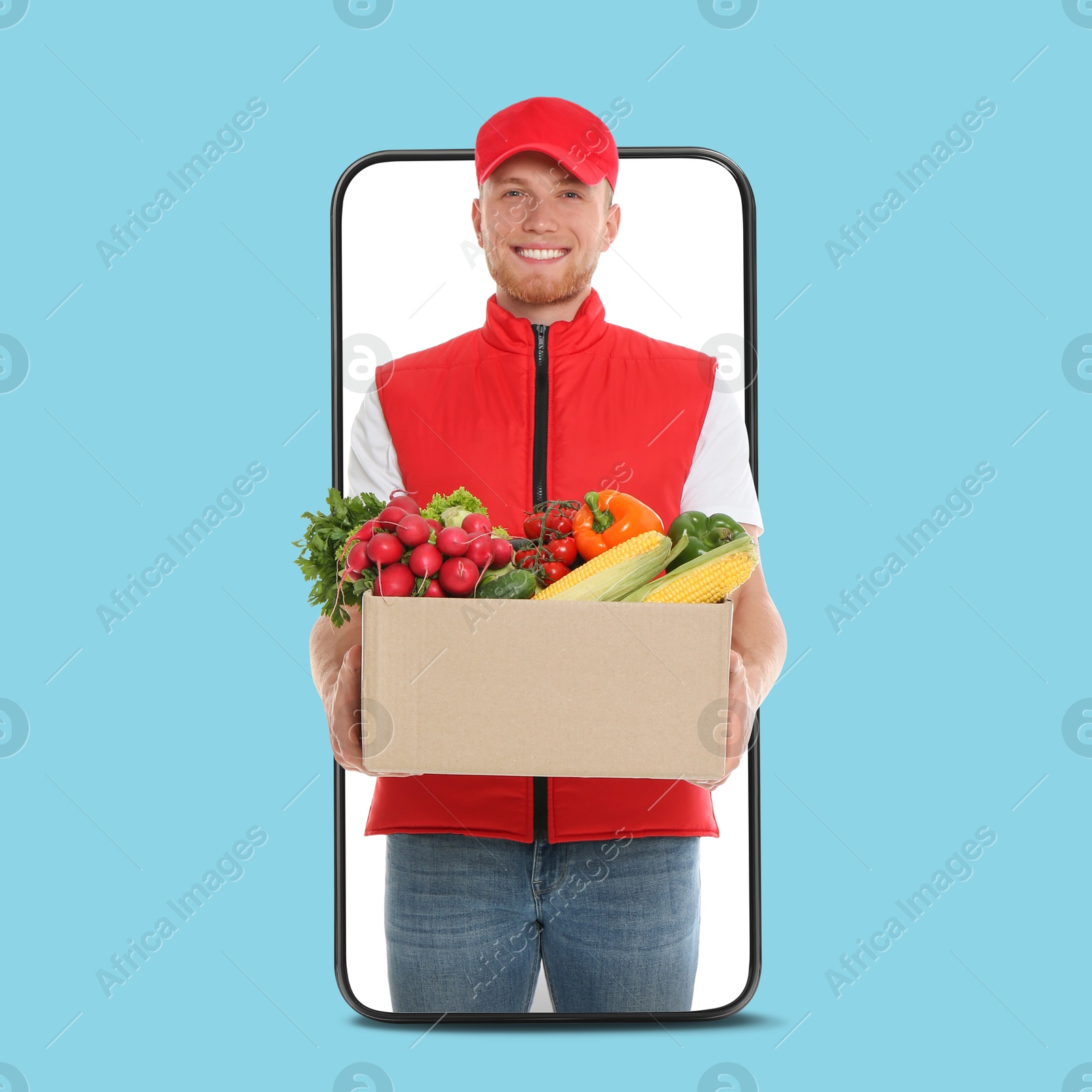 Delivery service worker giving order out of mobile phone against light blue background. Man with box full of food products Image of Delivery service worker giving order out of mobile phone against light blue background. Man with box full of food products