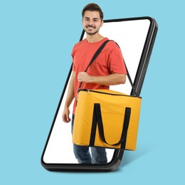 Image of Food delivery service worker with thermo bag sticking out of mobile phone display against light blue background. Online order