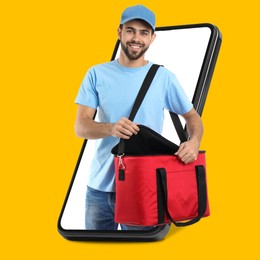 Image of Food delivery service worker with thermo bag sticking out of mobile phone display against orange background. Online order