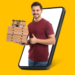 Image of Food delivery service worker with order showing thumbs-up out of mobile phone against orange background