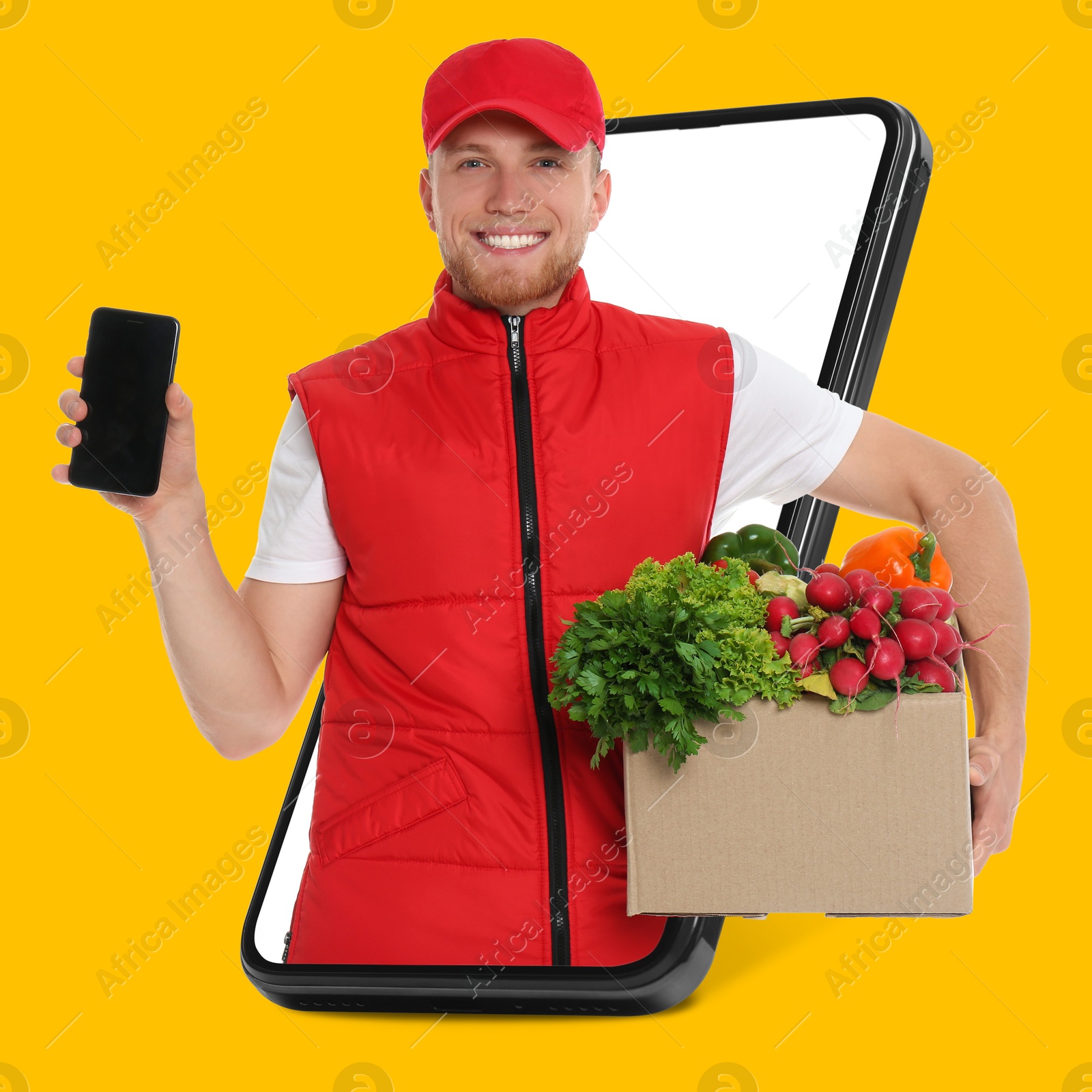Delivery service worker giving online order out of mobile phone against orange background. Man with box full of food products and smartphone Image of Delivery service worker giving online order out of mobile phone against orange background. Man with box full of food products and smartphone