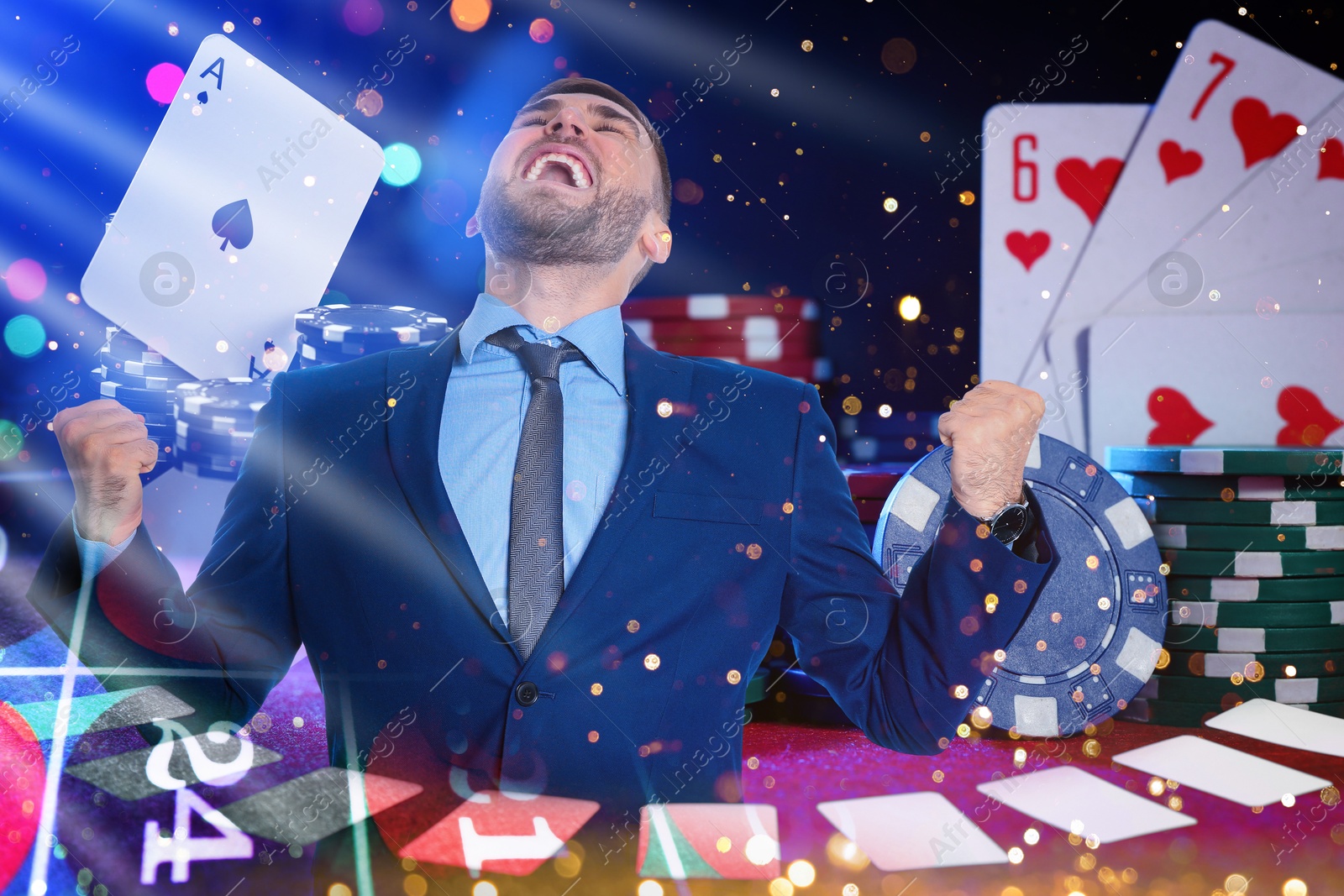 Happy gambler celebrating victory. Multiple exposure with casino chips and playing cards Image of Happy gambler celebrating victory. Multiple exposure with casino chips and playing cards