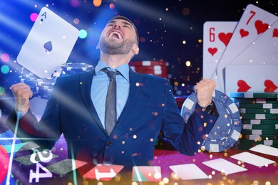 Image of Happy gambler celebrating victory. Multiple exposure with casino chips and playing cards