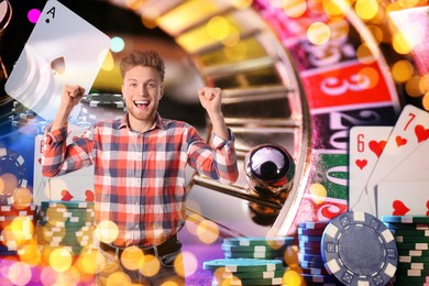 Image of Happy gambler celebrating victory. Multiple exposure with casino chips, playing cards and roulette