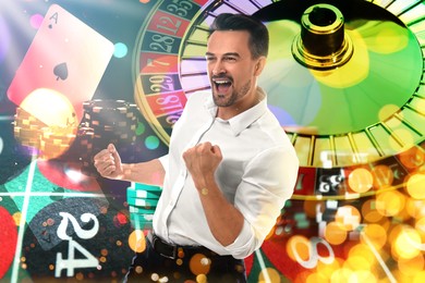 Image of Happy gambler celebrating victory. Multiple exposure with casino chips, playing card and roulette