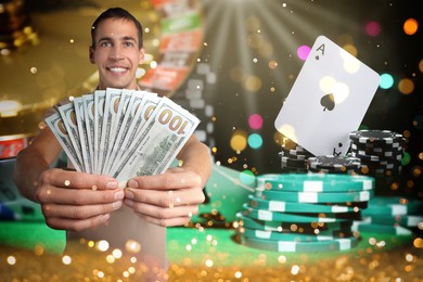 Image of Happy gambler showing fan of money. Multiple exposure with roulette, casino chips and playing card