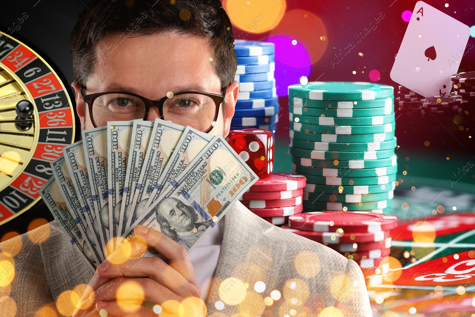 Gambler showing fan of money. Multiple exposure with roulette, casino chips, playing card and dice Image of Gambler showing fan of money. Multiple exposure with roulette, casino chips, playing card and dice