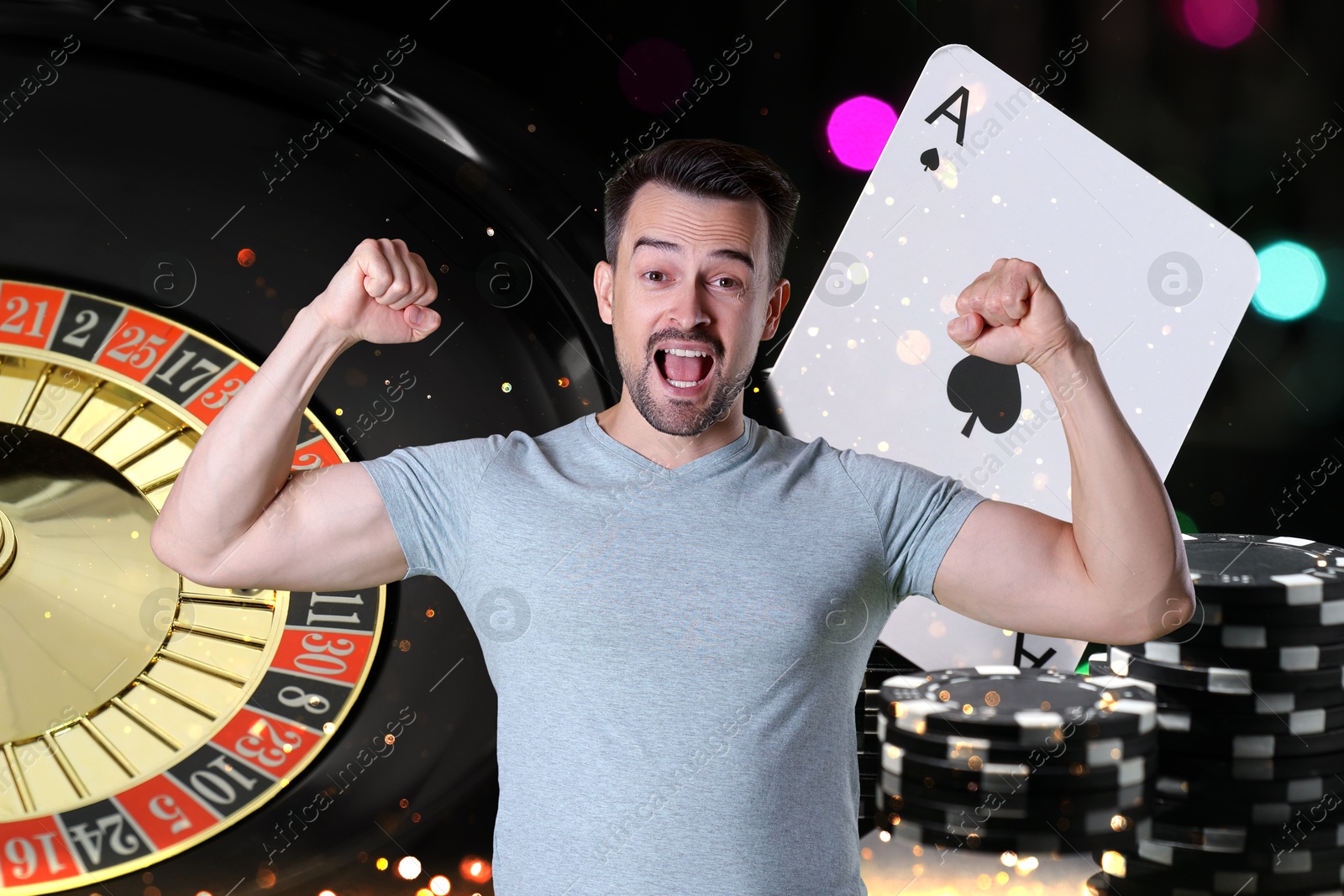 Happy gambler celebrating victory. Multiple exposure with casino chips, playing card and roulette Image of Happy gambler celebrating victory. Multiple exposure with casino chips, playing card and roulette