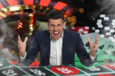 Image of Emotional gambler, multiple exposure with casino chips, playing cards and roulette