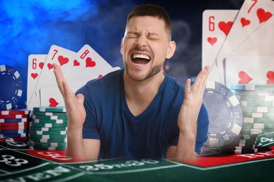 Image of Emotional gambler, multiple exposure with casino chips, playing cards and roulette table