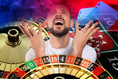 Image of Emotional gambler, multiple exposure with casino chips, playing cards and roulettes
