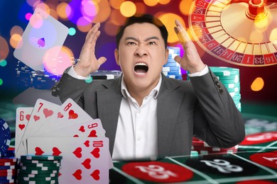Image of Emotional gambler, multiple exposure with casino chips, playing cards and roulette