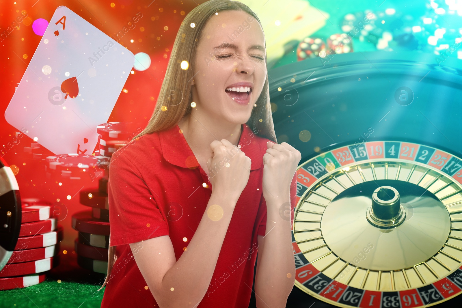 Emotional gambler, multiple exposure with casino chips, dice, playing card and roulette Image of Emotional gambler, multiple exposure with casino chips, dice, playing card and roulette