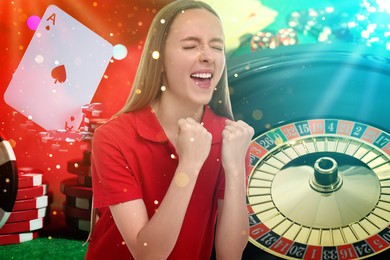 Image of Emotional gambler, multiple exposure with casino chips, dice, playing card and roulette