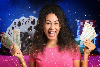 Image of Happy gambler showing money, multiple exposure with casino chips and playing cards