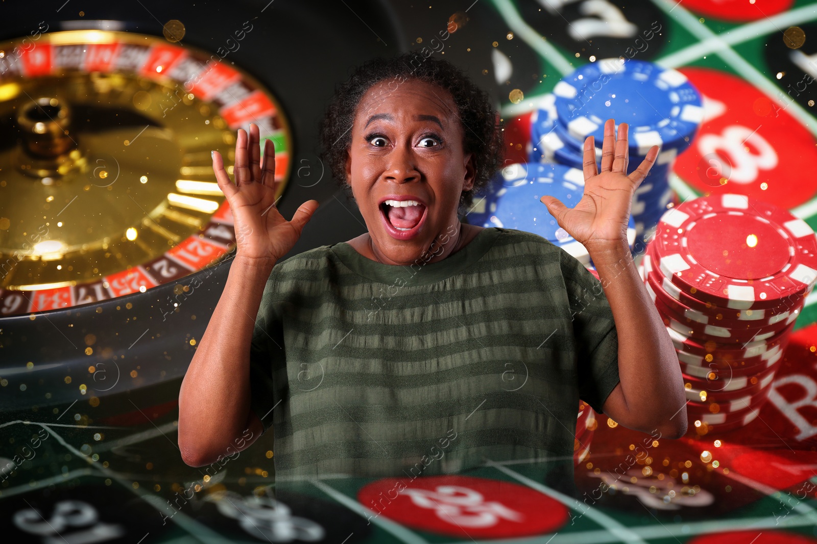 Image of Surprised gambler, multiple exposure with casino chips and roulette