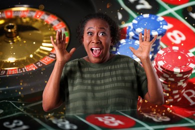 Image of Surprised gambler, multiple exposure with casino chips and roulette