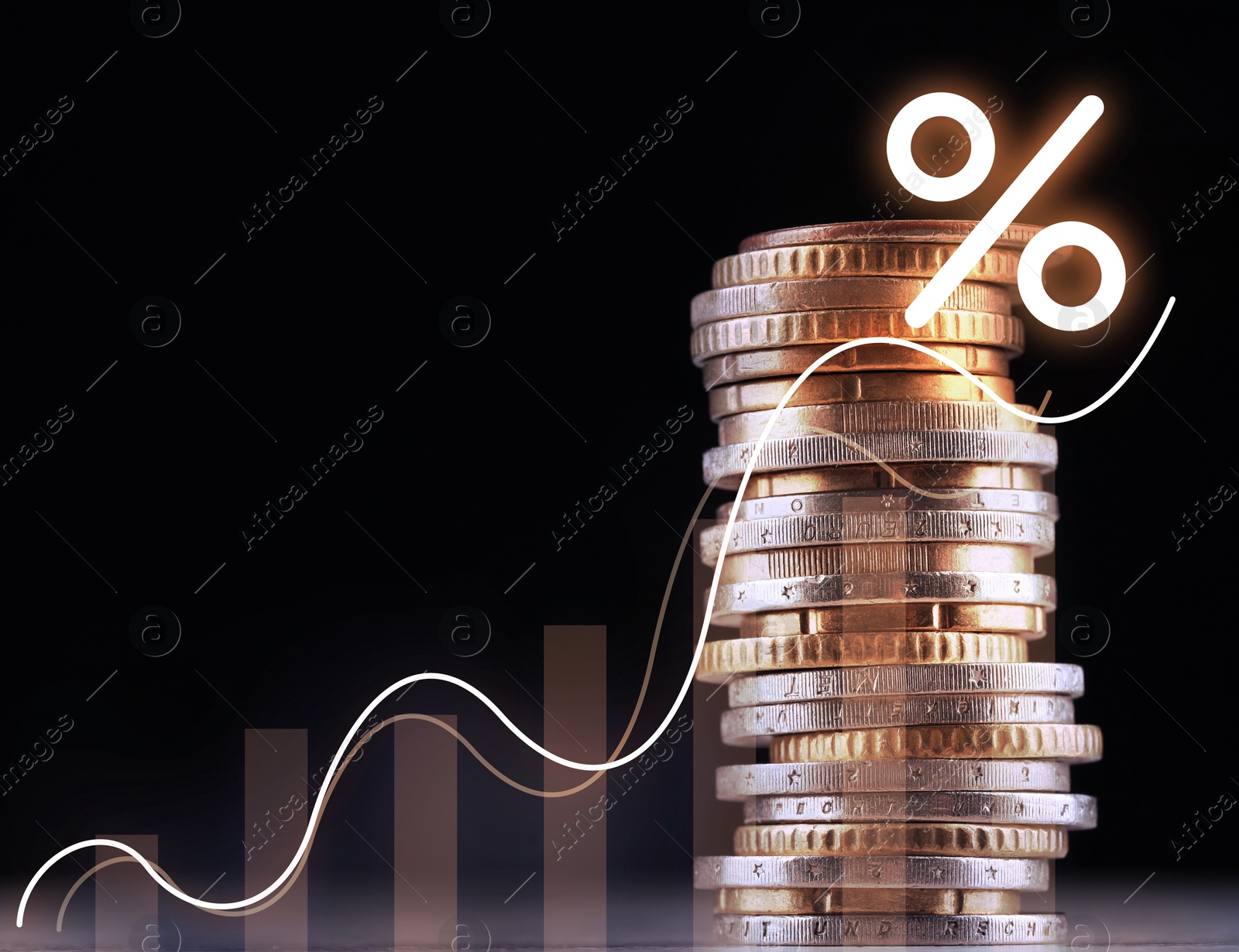 Image of Graph with percent sign and stacked coins against black background