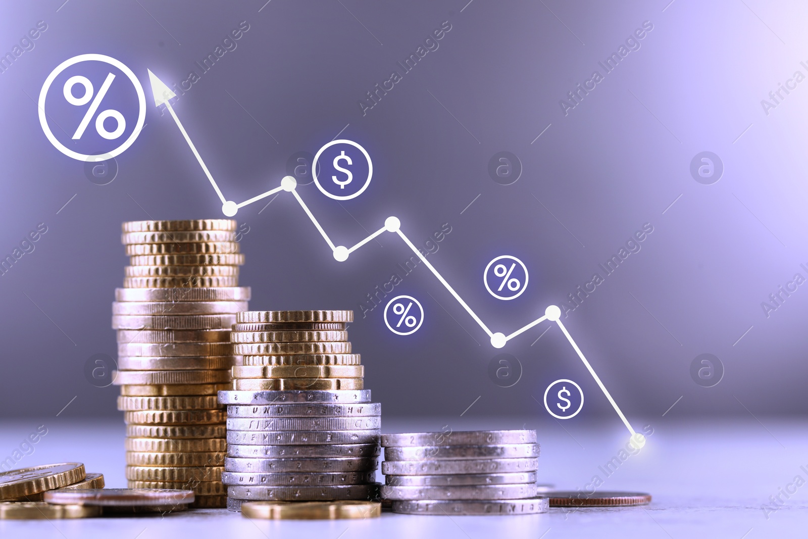 Image of Percent signs, icons and arrow above stacked coins against grey background