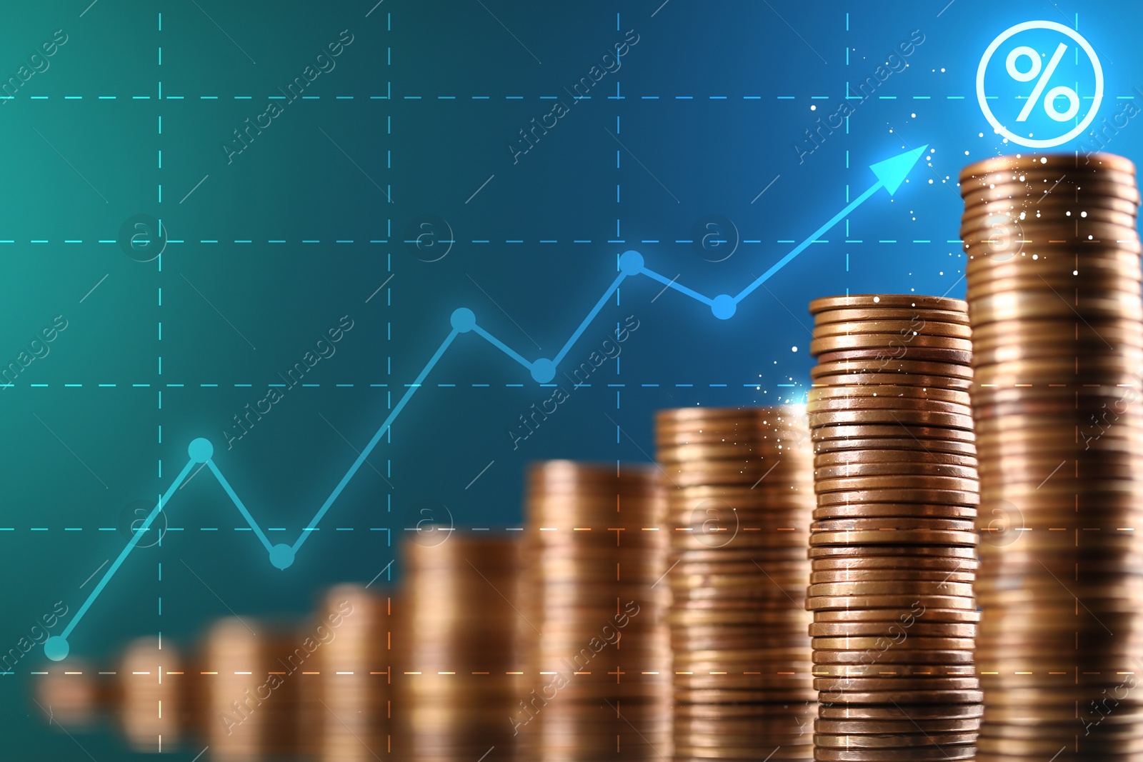 Image of Percent sign and arrow above stacked coins against blue gradient background