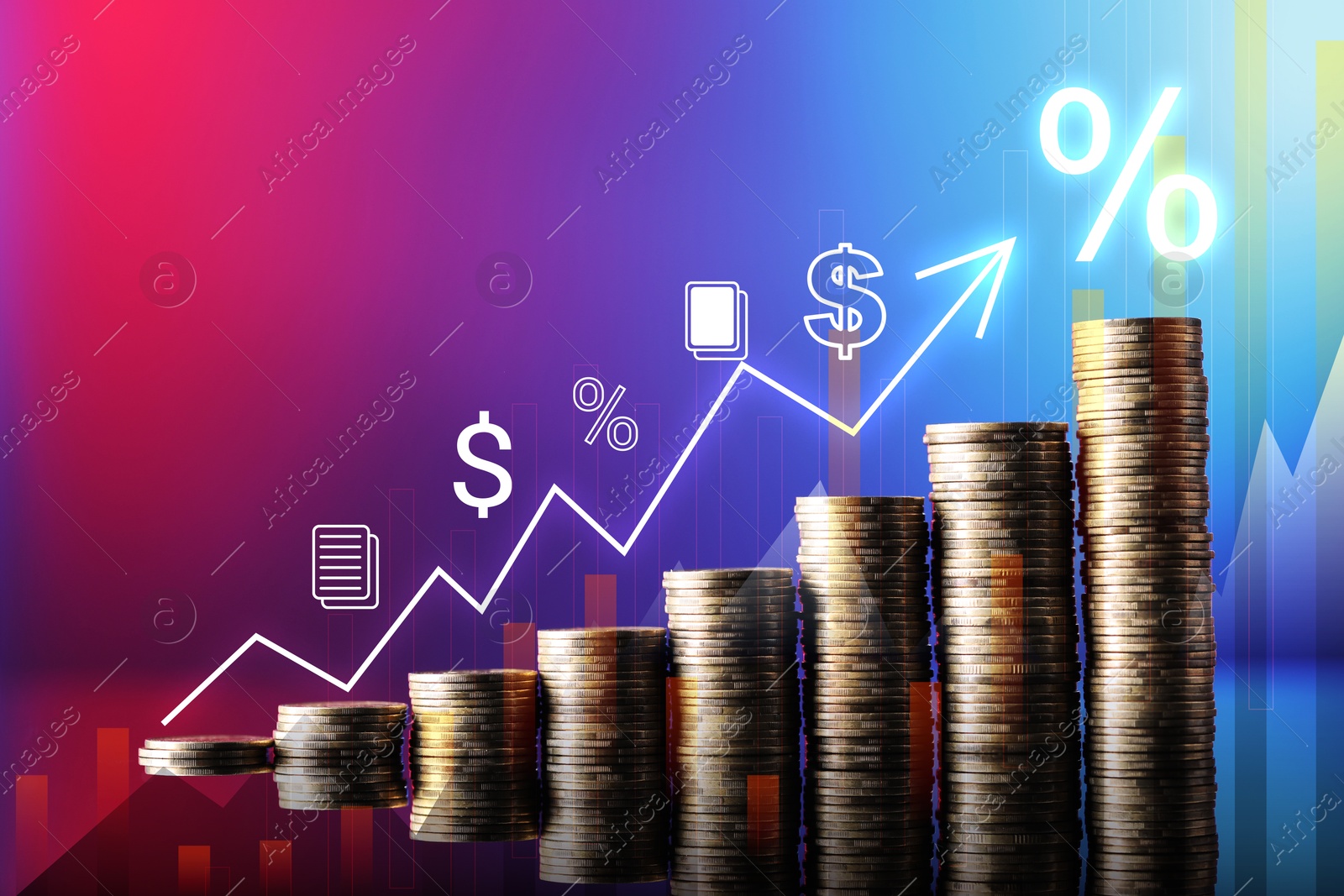 Image of Percent signs, icons and arrow above stacked coins on mirror surface against color gradient background