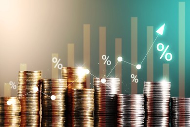 Image of Percent signs and arrow above stacked coins against color gradient background