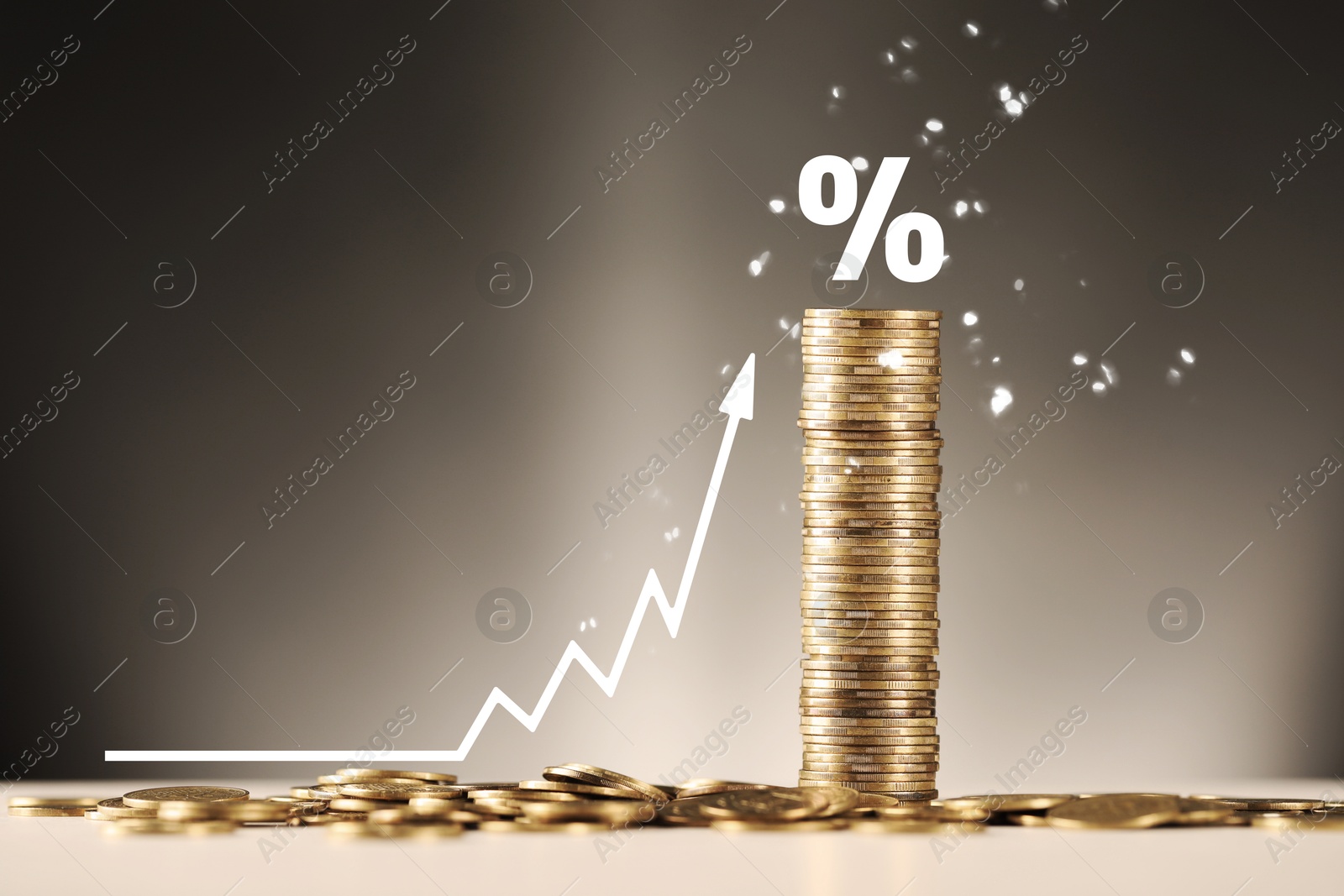 Percent sign above stacked coins and arrow against gradient background Image of Percent sign above stacked coins and arrow against gradient background