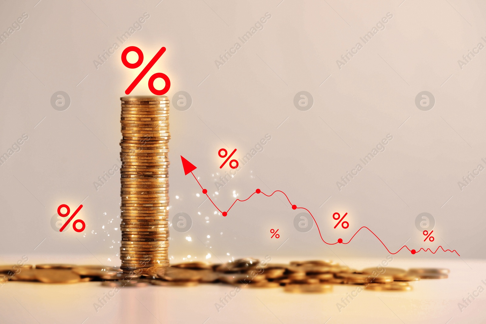Image of Percent signs, arrow and stacked coins against dark beige background