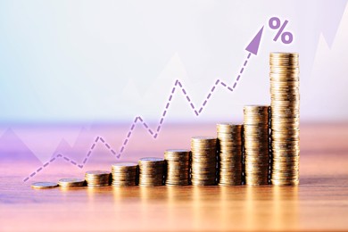 Image of Percent sign and arrow above stacked coins on wooden table