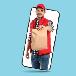 Image of Food delivery service worker giving paper bag out of mobile phone display against light blue background. Online order