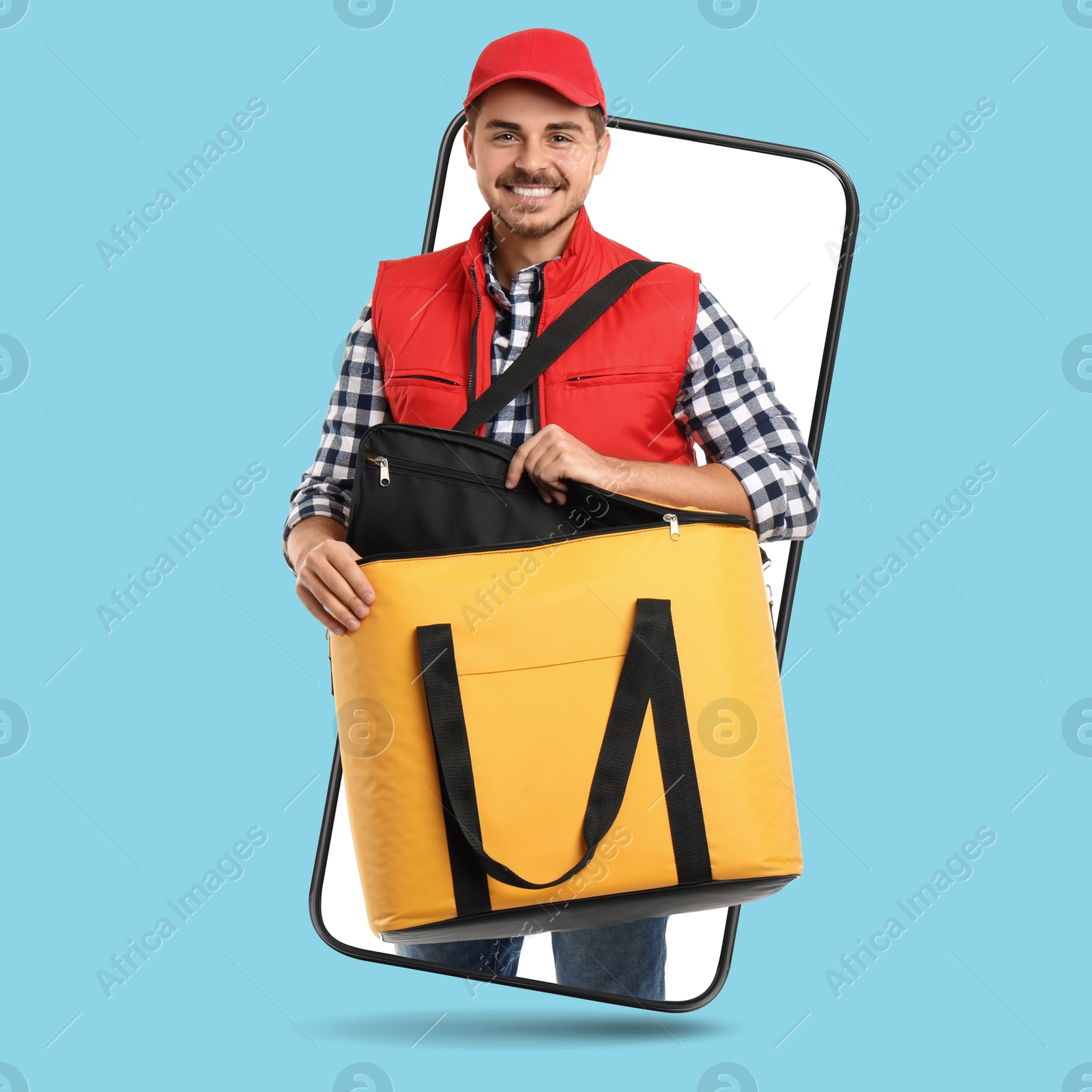 Image of Food delivery service worker with thermo bag sticking out of mobile phone display against light blue background. Online order