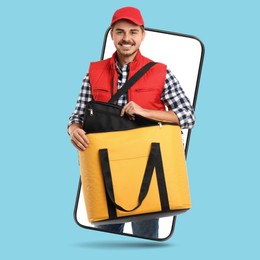 Image of Food delivery service worker with thermo bag sticking out of mobile phone display against light blue background. Online order