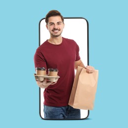 Image of Food delivery service worker giving online order out of mobile phone display. Light blue background