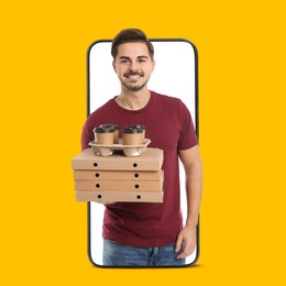 Image of Food delivery service worker giving online order out of mobile phone display. Orange background