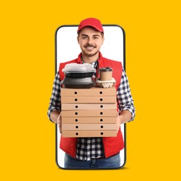 Image of Food delivery service worker giving online order out of mobile phone display. Orange background