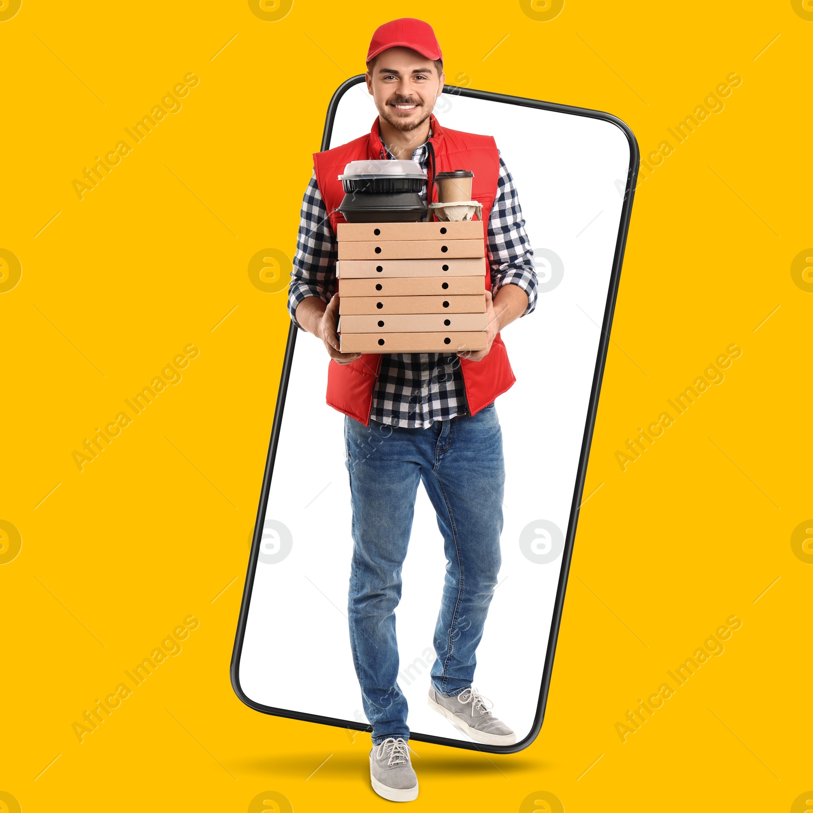Food delivery service worker with order walking out of mobile phone display. Orange background Image of Food delivery service worker with order walking out of mobile phone display. Orange background