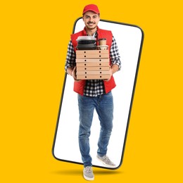 Image of Food delivery service worker with order walking out of mobile phone display. Orange background