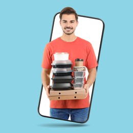 Image of Food delivery service worker giving online order out of mobile phone display. Light blue background