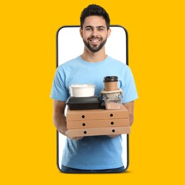 Image of Food delivery service worker giving online order out of mobile phone display. Orange background