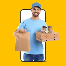 Image of Food delivery service worker giving online order out of mobile phone display. Orange background
