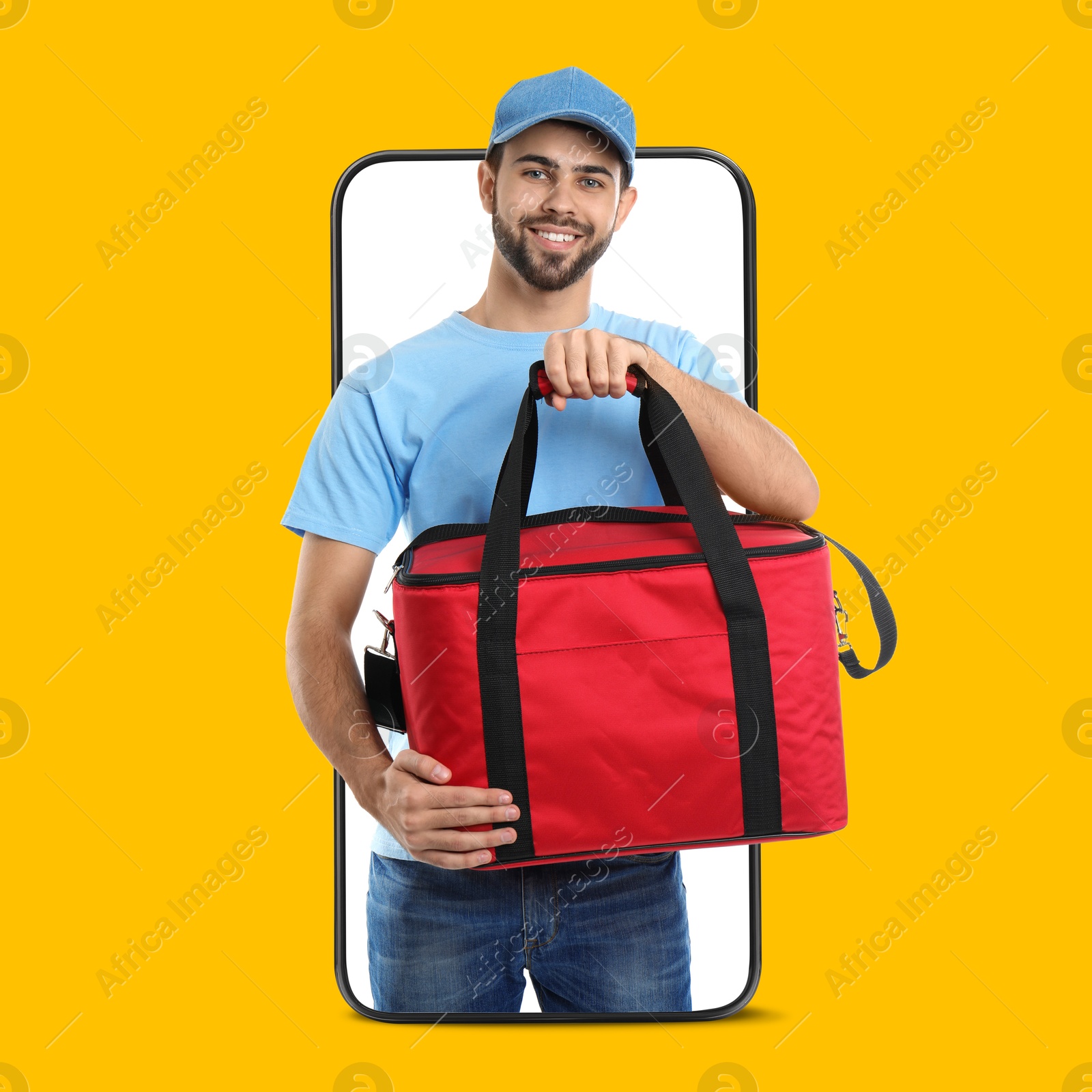Image of Food delivery service worker with thermo bag sticking out of mobile phone display against orange background. Online order