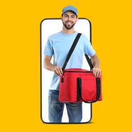 Image of Food delivery service worker with thermo bag sticking out of mobile phone display against orange background. Online order