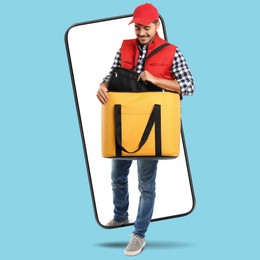 Image of Food delivery service worker with thermo bag walking out of mobile phone display against light blue background. Online order