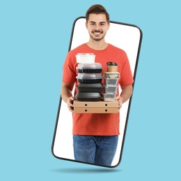 Image of Food delivery service worker giving online order out of mobile phone display. Light blue background