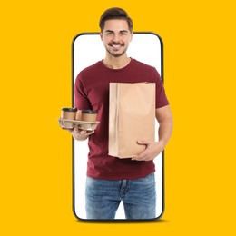 Image of Food delivery service worker giving online order out of mobile phone display. Orange background