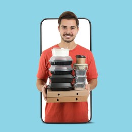 Image of Food delivery service worker giving online order out of mobile phone display. Light blue background