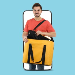 Image of Food delivery service worker with thermo bag sticking out of mobile phone display against light blue background. Online order